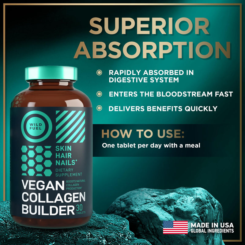 WILD FUEL Vegan Collagen Builder - Biotin, Organic Superfood, Amino Acids Glycine, Lysine, Proline Plant-Based Collagen Booster Supplements - 30 Organic Extract Tablets 30 Tablets (pack of 1)