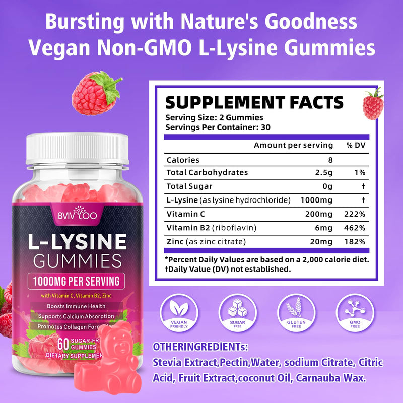 L-Lysine 1000mg Gummies for Immune Support & Skin Health - High Potency Vegan, Sugar-Free, Gluten-Free Supplement with Natural Raspberry Flavor for Adults & Kids - 120 Gummies 2pack