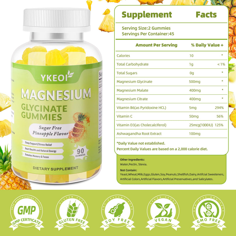 90 CT Magnesium Glycinate Gummies 500 mg with Ashwagandha,Sugar Free Magnesium Supplement Triple Magnesium Complex with Citrate,Malate,Vitamin C D3 B6,for Women and Men Kids Sleep Relaxation Pineapple 90 Count (Pack of 1)