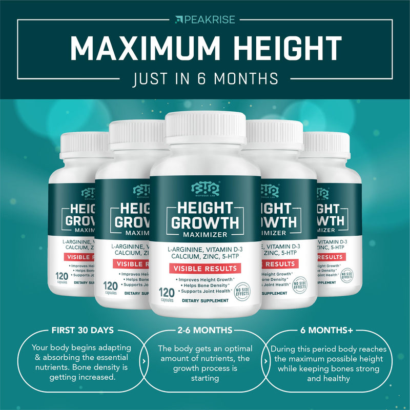 BIOTEQUELAB Height Growth Maximizer, Calcium, Vitamin D3 and Zinc Blend Pills, Bone Growth Supplement for Kids and Teens, Bone Strength, Density Support, GMO-Free, Gluten-Free, Made in USA, 120 Caps 120 Count (Pack of 1)