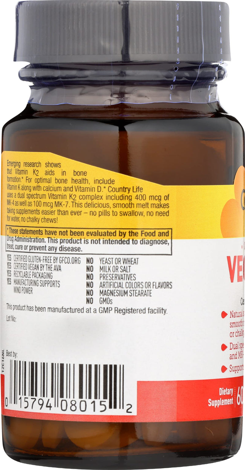 Country Life Vegan K2 Melts 500 MCG, 60 CT