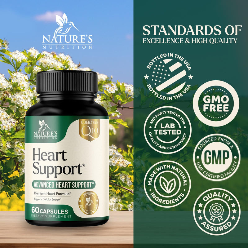 Heart Health Supplement – Complete Heart Support Formula for Women & Men - with CoQ10, B Vitamins, L-Arginine, Hawthorn, Resveratrol - Natural Nitric Oxide Energy Production - Made USA – 60 Capsules 60 Count (Pack of 1)