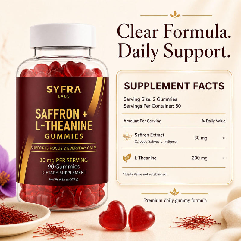 Saffron & L-Theanine Gummies – 200mg L-Theanine + 30mg Saffron Extract per Serving – Supports Calm & Focus – Sugar-Free, Vegan, Berry Flavor – 90 Gummies (45 Servings)