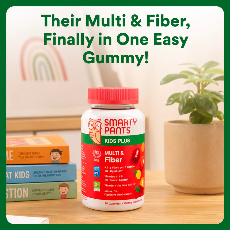 SmartyPants Kids Multivitamin & Fiber Gummies: Prebiotic Fiber to Support Kids Digestion with Vitamin D3, C, Vitamin B12, B6, A, Zinc, Biotin, Folate, Three Fruit Flavors, 90 Count (30 Day Supply) 90 Count (Pack of 1) Multi Fiber - 30 Day Supply