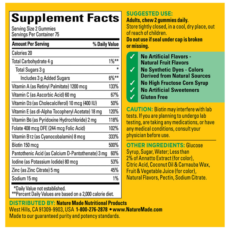 Nature Made Multivitamin Gummies, 150 Vitamin Gummies | Mens & Womens Gummy Vitamins & Minerals, Adult Multivitamin Gummy for Daily Nutritional Support, 75 Day Supply Orange, Strawberry & Cherry 150 Count (Pack of 1)