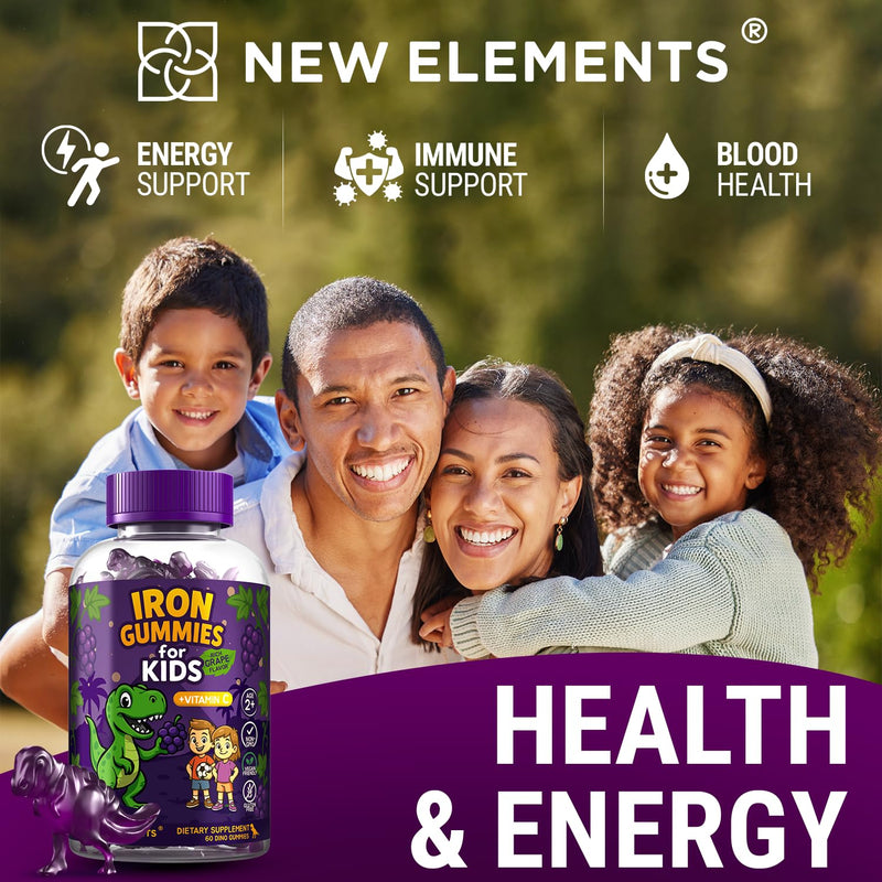 Iron Dinosaur Gummies for Kids with Vitamin C | Sugar-Free, Vegan, Gluten-Free & Non-GMO | Anemia Relief, Energy & Blood Health Support | Grape Flavor, Pectin-Based for Optimal Health (Pack of 2) 60 Count (Pack of 2)