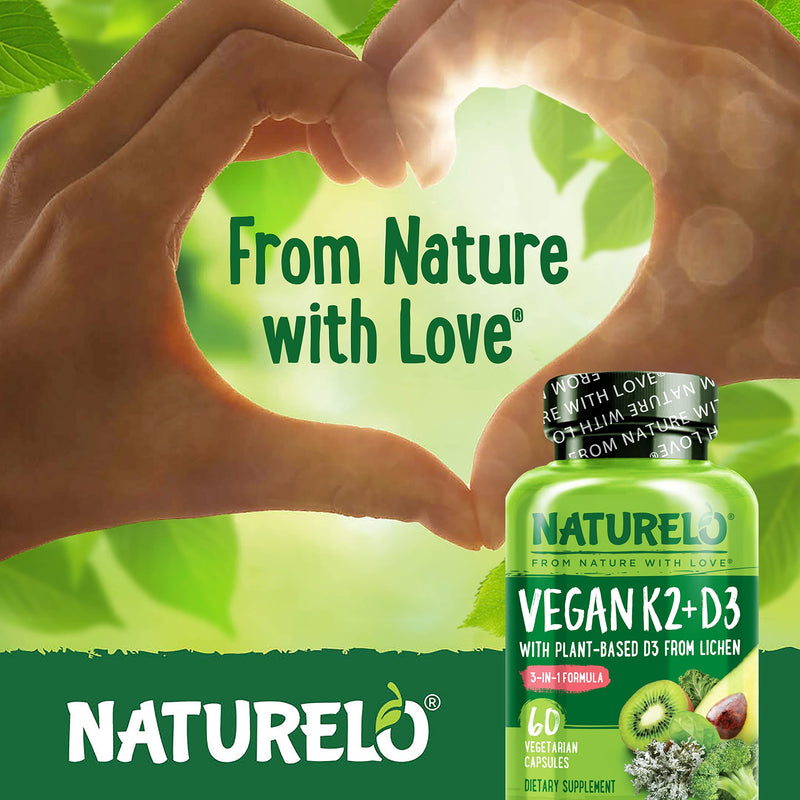 NATURELO Vitamin D3 K2, Vegan K2+D3 Supplement, 60 Capsules | Vitamin D with K, plant based D3 from lichen, whole food, non-GMO, gluten free, Vitamin D Plus K Supplement, K2 D2 Unflavored 60 Count (Pack of 1)