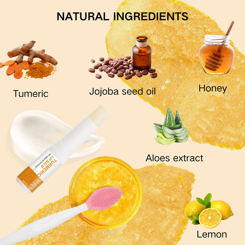 3PCS Turmeric and Lemon Lip Scrub & Turmeric Lip Balm with Brush Set, Eliminate Lip Fine Lines, Lip Scrubber Exfoliator, Natural Nourish Sugar Lip Scrub for Dry, Dull Chapped, Dark Lips