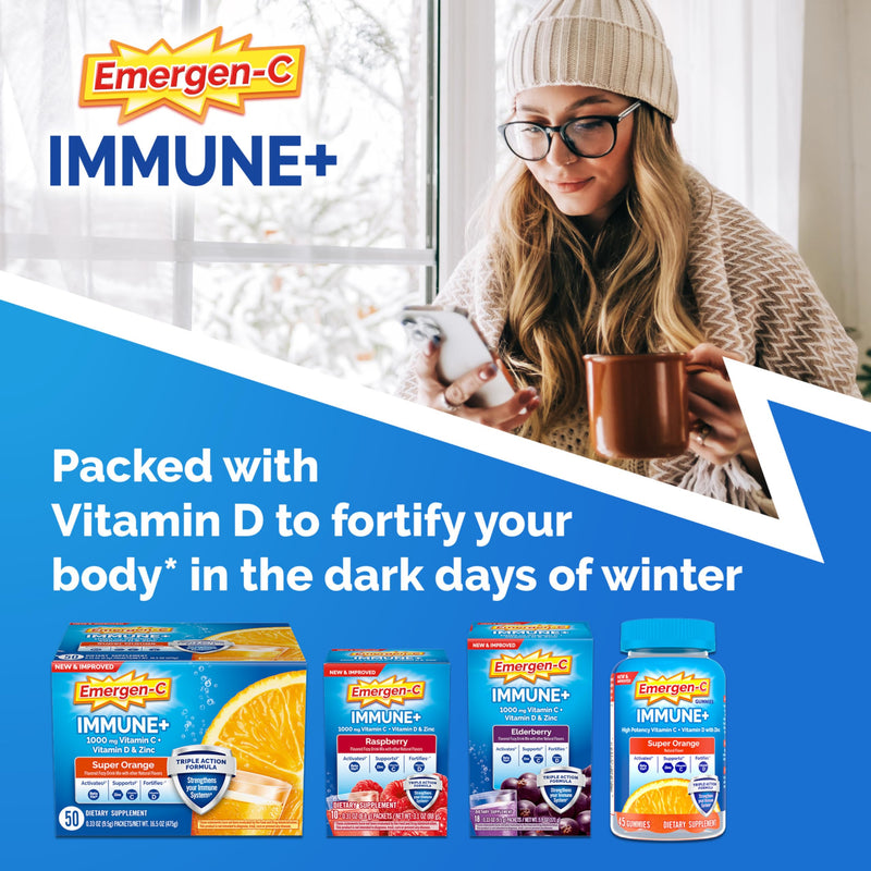 Emergen-C Immune+ Triple Action Immune Support Gummies, BetaVia (R), 1000mg Vitamin C, B Vitamins, Vitamin D and Antioxidants, Super Orange - 45 Count