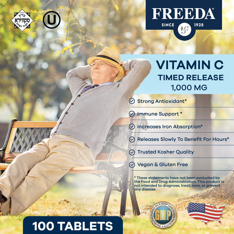 FREEDA Vitamin C - Timed Release 1000mg – Slow-Release for All-Day Immune & Antioxidant Support, Gentle on Stomach, Kosher & Vegan, High-Absorption Tablets (250 Tablets) | Supports All-Day Immune & Antioxidant Defense – Promotes Collagen & Cell Health ...