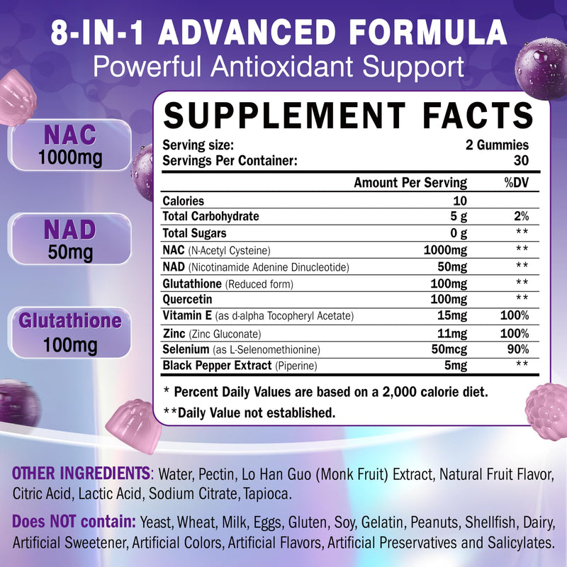 NAC Supplement 1000mg with NAD+, NAC NAD Gummies for Women 60 Counts | N Acetyl Cysteine with Glutathione Quercetin Selenium Zinc Vitamin E, Antioxidants, Immune & Liver Health, Vegan, Sugar-Free
