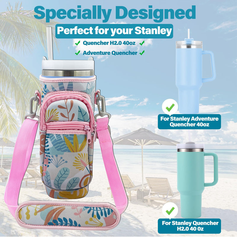 Water Bottle Carrier Bag Sleeve for Stanley Quencher 40oz Tumbler with Handle, Neoprene Water Bottle Sling Bag Sleeve Holder Carrier with Adjustable Shoulder Strap,Stanley Cup Accessories Grey Maple-Pouch - BeesActive Australia