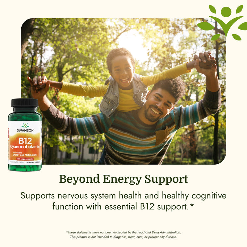 Swanson Vitamin B12 Cyanocobalamin 500 mcg, 250 Vegan Capsules | Aids Nervous System and Cardiovascular Health, Supports Red Blood Cell Production*, Non-GMO and Gluten Free 250 Count (Pack of 1)