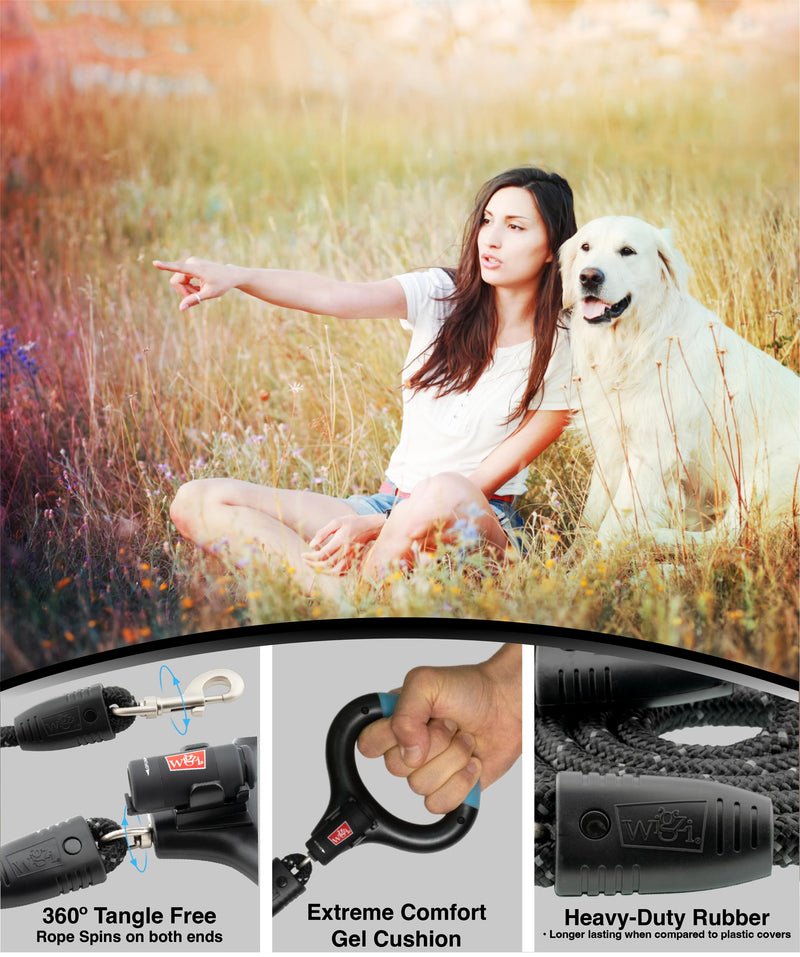 WIGZI Luna Dog Leash with Rechargeable LED Light No Batteries, Detachable Light, Liquid Filled Gel Comfort Handle, Reflective Heavy-Duty Rope, 6 Ft Length up to 200lb Dog, Black Color - BeesActive Australia