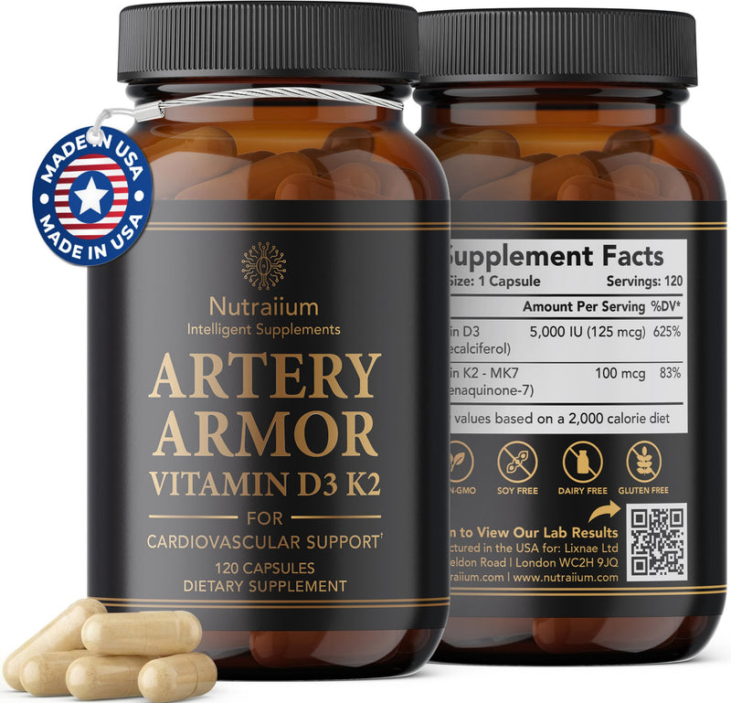 Vitamin D3 K2 Supplement 5000 IU 100 mcg MK7 – High Potency D3+K2 Capsules for Artery Health, Heart Support & Strong Bones Non-GMO Third-Party Tested d3+k2 Vitamin Supplement Artery Armor -120 Count