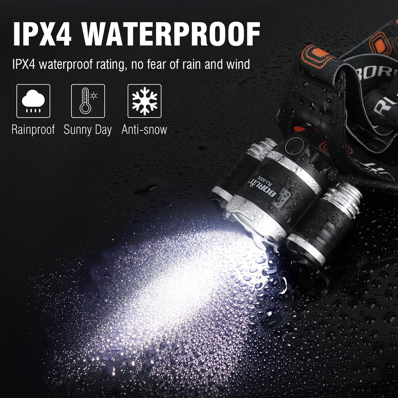 BORUIT RJ-3000 LED Rechargeable Headlamp with Green Light, Super Bright Hunting Head Lamp 3 Modes, Waterproof Head Light for Adult Fishing Camping Headlight Gear