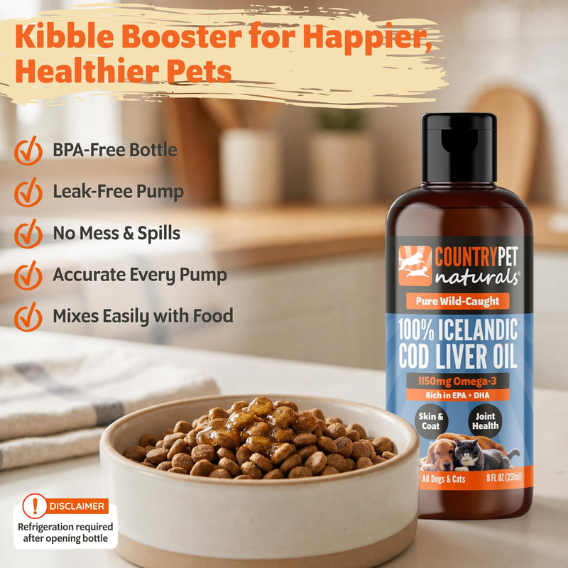 Wild-Caught Pure Icelandic Cod Liver Oil for Dogs & Cats 8oz, Single-Ingredient, 1150 mg Omega-3, High EPA/DHA, Natural Vits A&D, Supports Healthy Skin, Coat & Mobility, 8oz bottle 8 oz