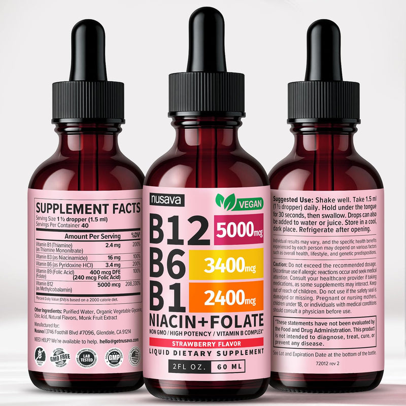 NUSAVA (4 Pack) Vitamin B12 Liquid Drops 5000mcg - B12 Sublingual with B6 & Vitamin B Complex - Methylcobalamin B12 Drops for Women & Men -Vegan Supplement, Non-GMO, Strawberry (2 Fl Oz, 160 Servings) 2 Fl Oz (Pack of 4)