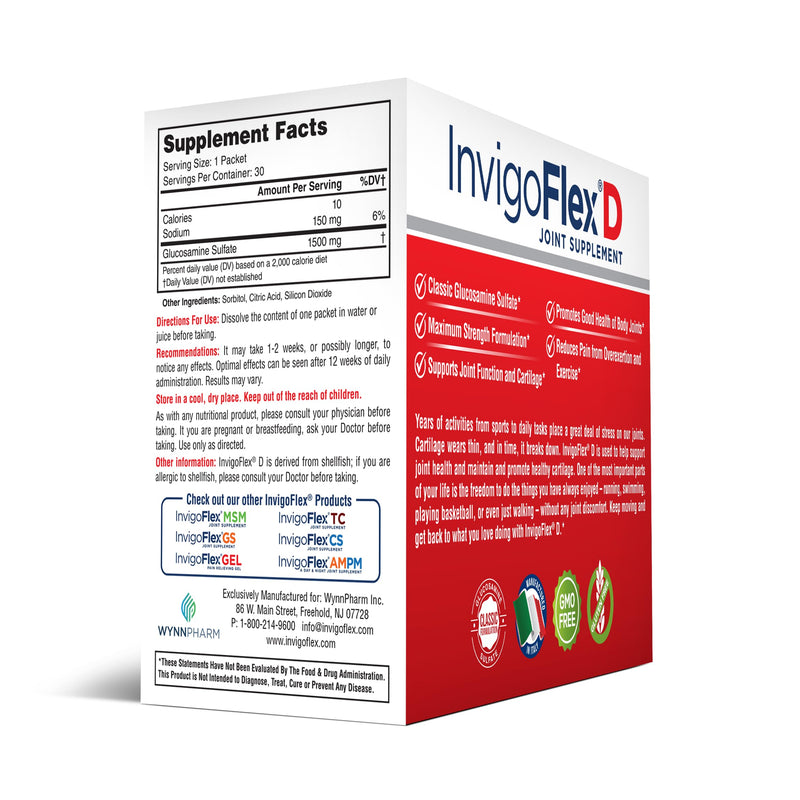 INVIGOFLEX 1500mg of Glucosamine Sulfate Powder (Classic Formulation) - Premium Joint Supplement for Knees, Hands, Back, and Hip Support D: Glucosamine Sulfate, Packets - 60 Packets 1.88 Pound (Pack of 2)