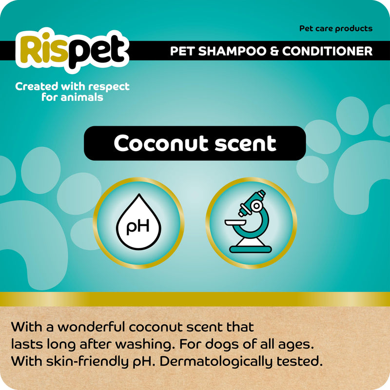 RISPET Shampoo and conditioner, coconut and keratin, cleaning and disinfectant for dogs and long-haired animals, delicate formula without allergens and balanced pH value, coconut scent, 370 ml coconut and keratin (370 ml) - BeesActive Australia