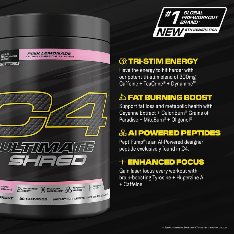 C4 Ultimate Pre-Workout, 300mg Caffeine, 20 Servings | Pink lemonade flavor with 300mg caffeine, TeaCrine, Dynamine & cayenne extract for energy and thermogenic support.