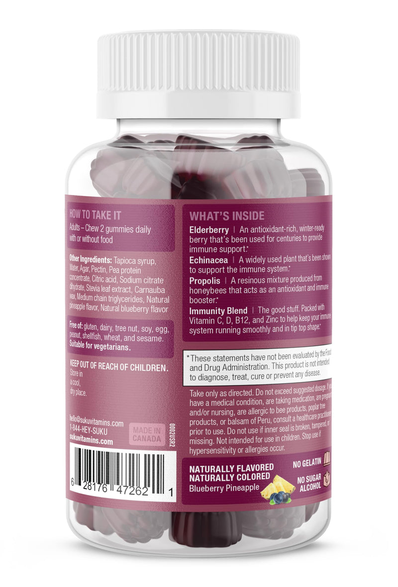 SUKU Vitamins - Ultimate Immunity - Elderberry Echinacea and Propolis Gummies for Immune Support, Easy to Chew - Non GMO, Gluten Sugar Free - Pomegranate Lime Flavored Gummy Vitamins, 50 Count