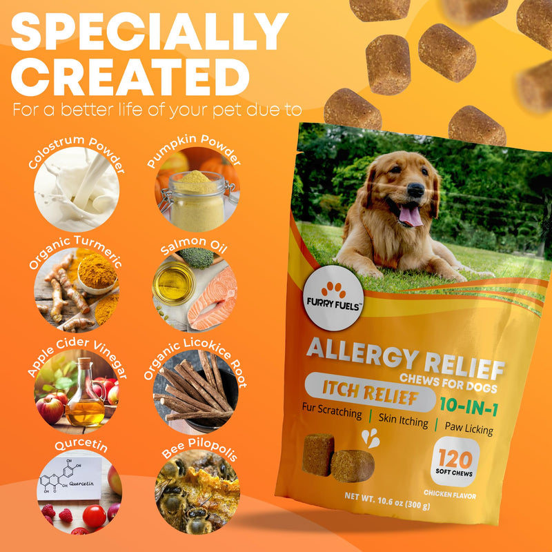 Dog Allergy Relief - 120 Count - Dog Allergy Chews Dog Itching Skin Relief for Seasonal Allergies - 10-in-1 Soft Dog Anti Itch Relief for Dogs Probiotics for Skin & Coat Supplement - Chicken Flavor - PawsPlanet Australia