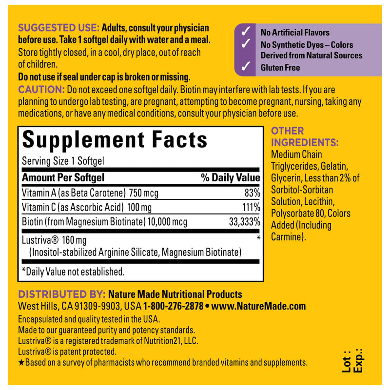 Nature Made Hair-Growth Softgels, Clinically Studied Lustriva + Biotin, Vitamin C & A, Hairs Growth Vitamins - Support Healthy Hair as You Age, 30 Softgels, 30 Day Supply, (Pack of 2) 30 Count (Pack of 2)