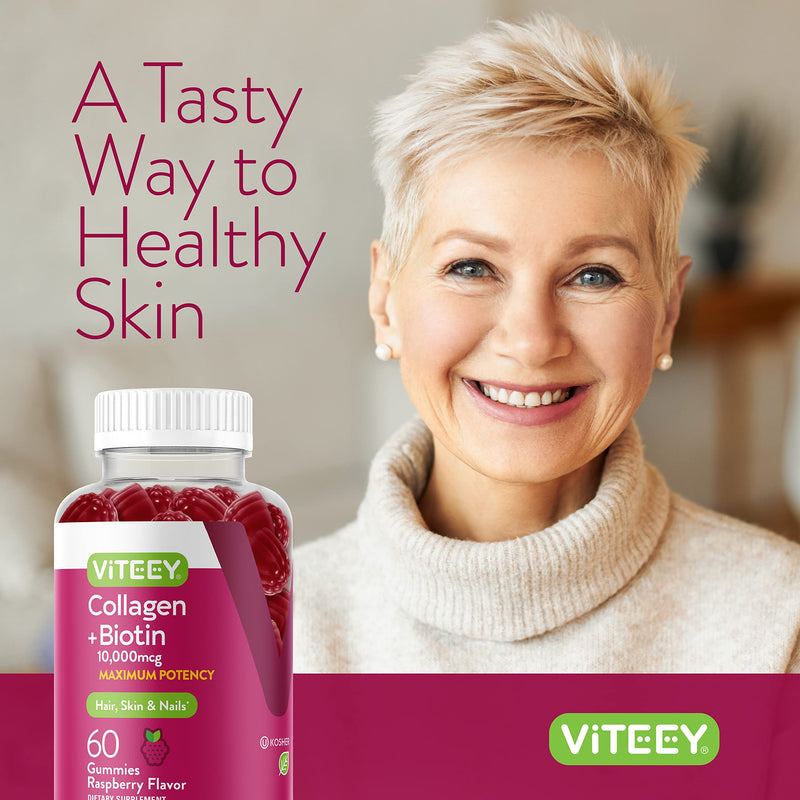 Viteey Collagen Gummies with Biotin Gummies | for Hair Skin and Nails Vitamins - Biotin and Collagen Supplements for Women & Men - Gluten-Free - 120 Count 60 Count (Pack of 2)