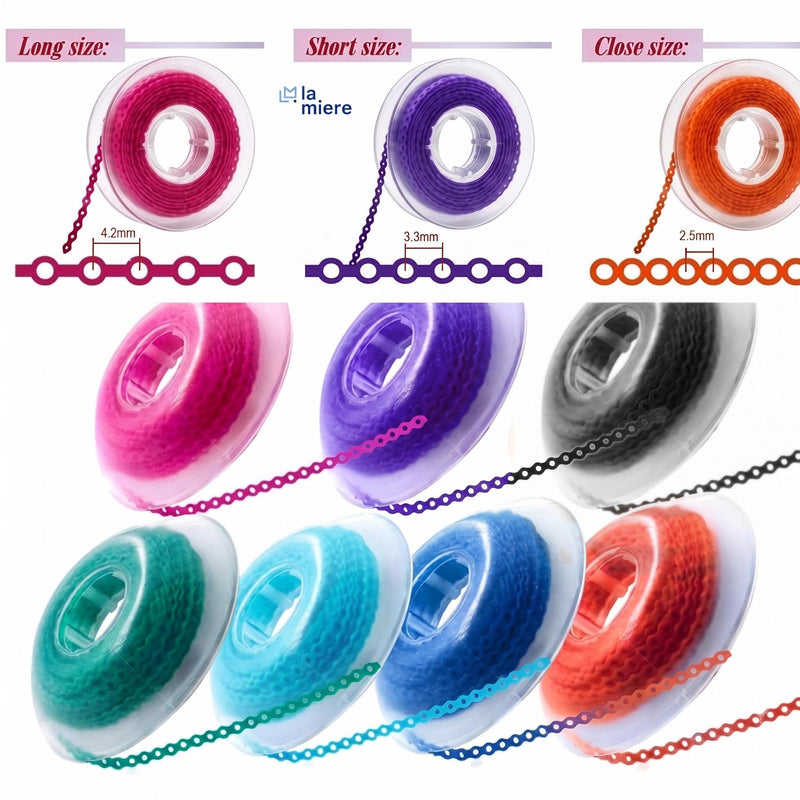 10 Rolls Orthodontic Braces Rubber Chains, Braces Power Chains consisted force in closed, short, long filaments chain in 15'' spools (long, 0.166’’(4.2mm), Mix colors long, 0.166’’(4.2mm)