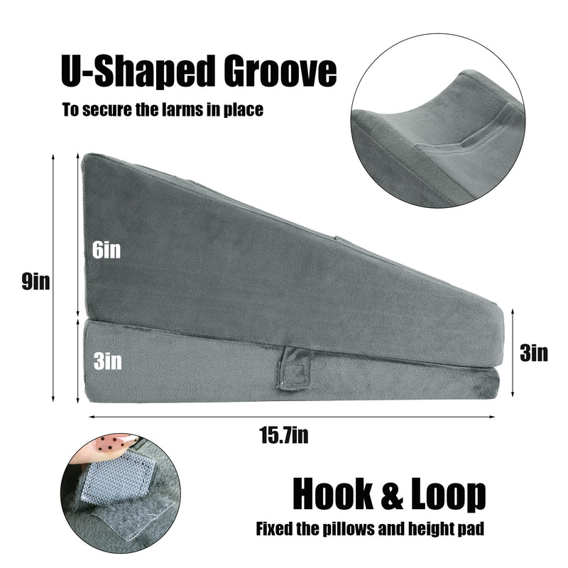 BALAPET 2-in-1 Adjustable Arm Elevation Pillow with Pockets, Ergonomic Wedge Bolster for Post Surgery Support, Recovery Boost Pillow Leg Pain Relieves (Grey) Grey