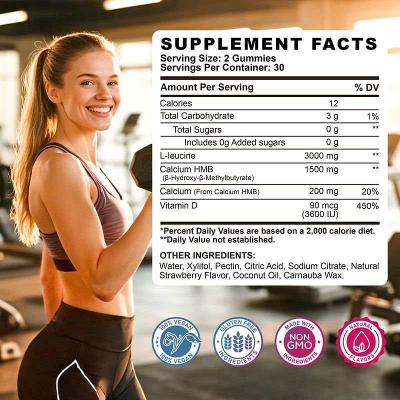 HMB and L-Leucine Gummies, 4500mg HMB and Leucine Supplements for Men & Women, Sugar-Free, Strawberry Flavored, 120 Count 60 Count (Pack of 2)