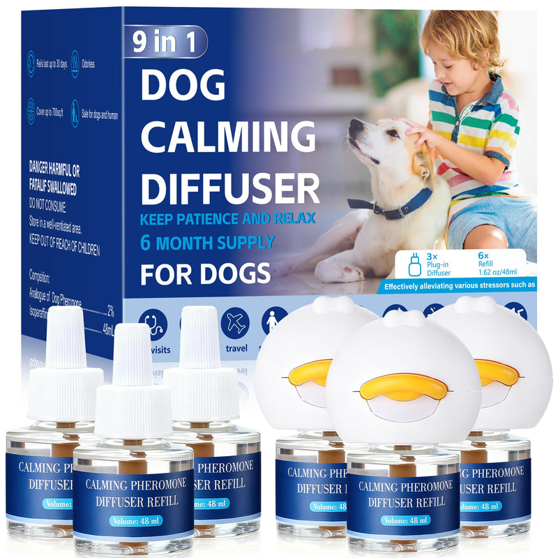 9 In 1 Dog Calming Pheromone Diffuser (3 Plug in + 6 Refills), Relief Anxiety, Storm Stress & Indoor Behavior Support, 180 Day Long Lasting Refill, Natural Odorless Safe Formula