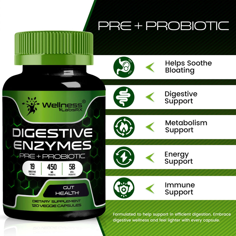Digestive Enzymes with Probiotics and Prebiotics 450mg, 240 Count | 5 Billion CFU, Women & Men, Gut Health, Bloating & Digestion Support, Enzimas Digestivas, 2 Pack 120 Count (Pack of 2)