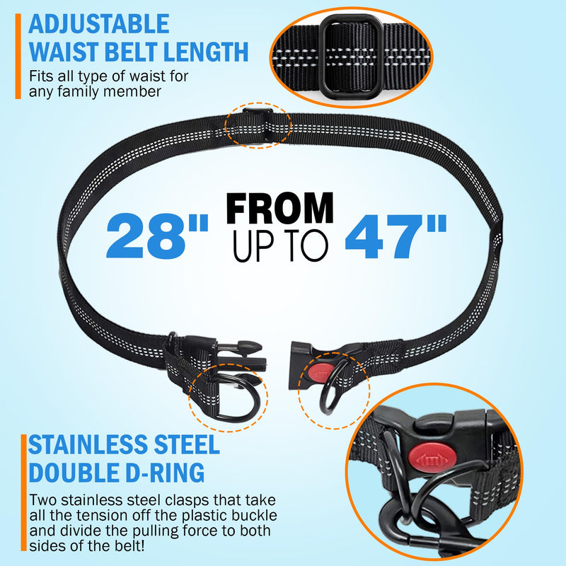 Hands Free Dog Leash with Waist Belt – No-Pull Bungee, Dual Padded Handles & Zipper Pouch for Running, Walking & Training – Adjustable Waist Leash for Large & Medium Dogs (Black) Black