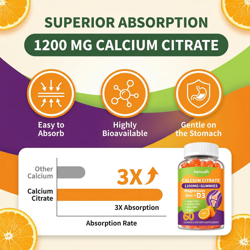 (3 Pack) Calcium Citrate 600-1200mg Magnesium Zinc D3 Gummies for Women Men | Calcium Supplements For Bone, Teeth & Muscle Healthy, High Absorption, Sugar Free, Vegan, Non-GMO, Pectin-Based,Orange Flavor 60 Count (Pack of 3)