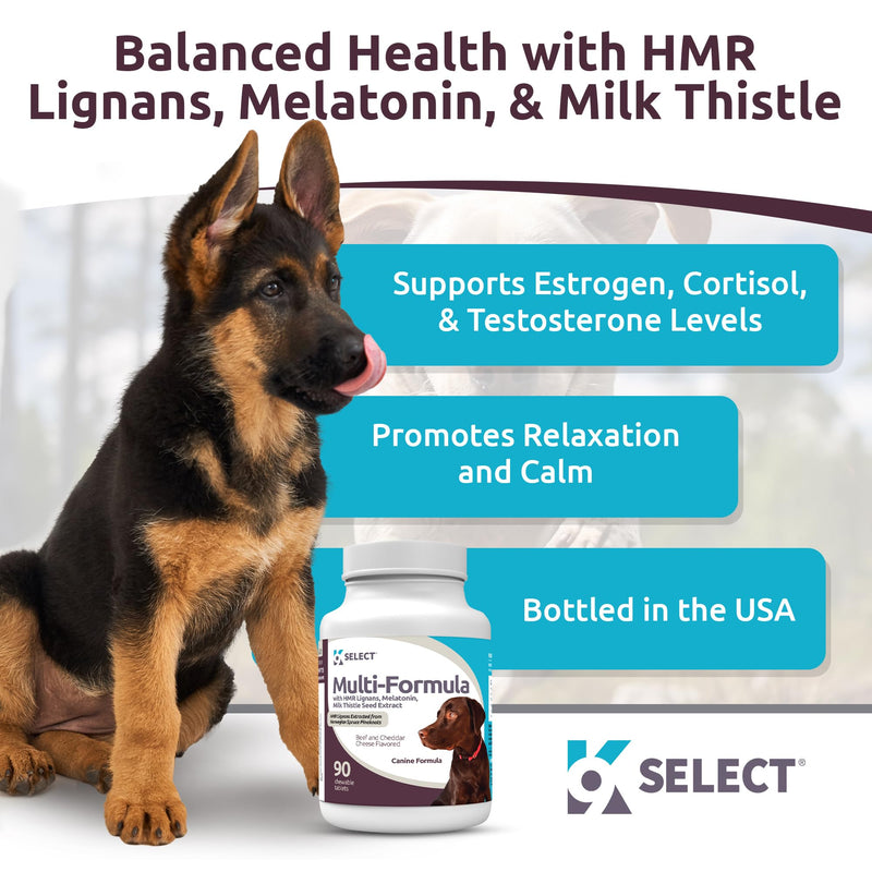K9 Select Multi-Formula Dog Vitamins for Large Dogs - 30mg HMR Lignans, 3mg Melatonin, 60mg Milk Thistle - Helps Heart, Liver, Digestion, Skin & Coat Health, Dog Multivitamin, 90 Tablets, Beef Flavor 30mg Beef Flavored