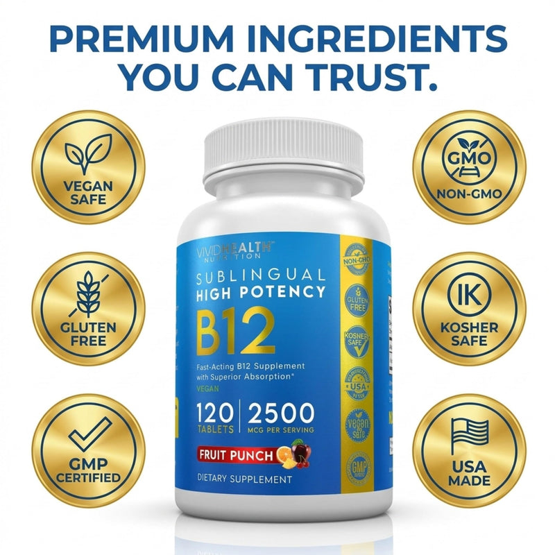 Vitamin B12 Sublingual: High Potency, Vegan B-12 with Methylcobalamin 120ct | Energy Boosting, Quick Dissolve Tablets for Metabolic & Brain Support with Refreshing Fruit Punch Flavor