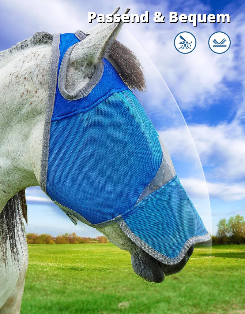 DEERFAMY Horse fly mask with nose protection, horse fly mask, breathable UV protection PVC L, blue with nose protection BL L - BeesActive Australia