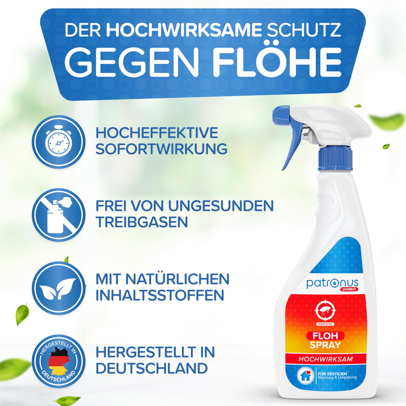 Patronus flea spray for homes and surroundings 500ml - TEST WINNER - repellent against fleas with immediate protection - with a subtle eucalyptus/citrus scent - highly effective & laboratory tested - BeesActive Australia