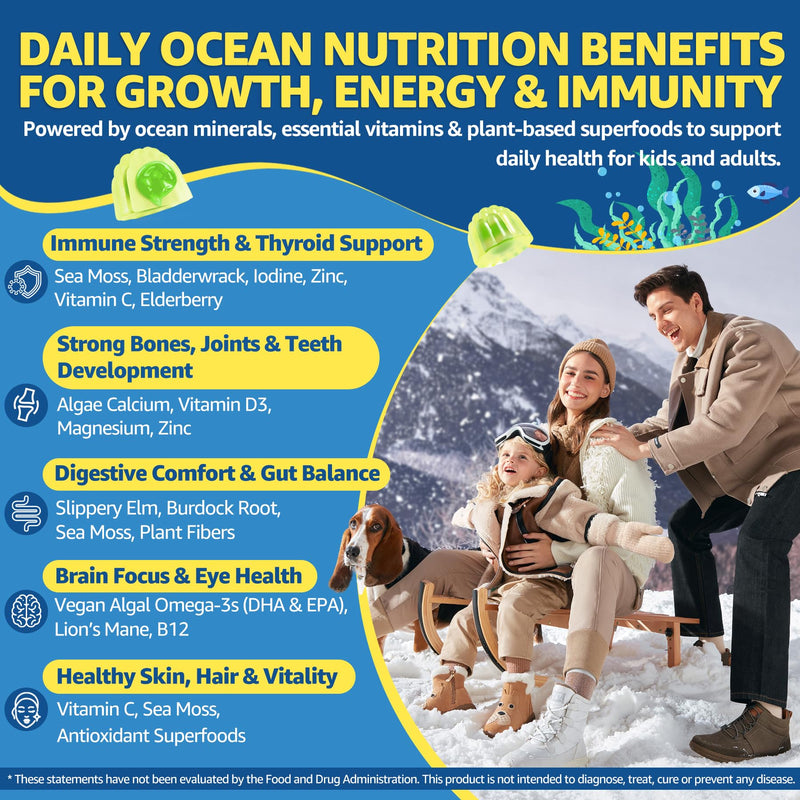 2pack Sea Moss Gummies for Kids & Adults, 19-IN-1 Super Food with Elderberry, Spirulina, Algae Omega 3, Algae Calcium, Ashwagandha, Mushroom, Vitamins D3, C for Immune, Gut, Bone, Energy, Brain, Vegan 60 Count (Pack of 2)