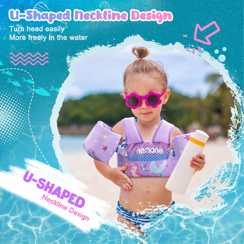 Nemone Toddler Swim Vest for 22-70 lbs Kids Floaties Swim Jacket with Arm Water Wings for Girls Boys 1 2 3 4 5 6 7 Years Old Beach Pool 20 30 40 50 60 66 Pounds Puddle Jumper A- Purple Mermaid Kids 22-70 lbs