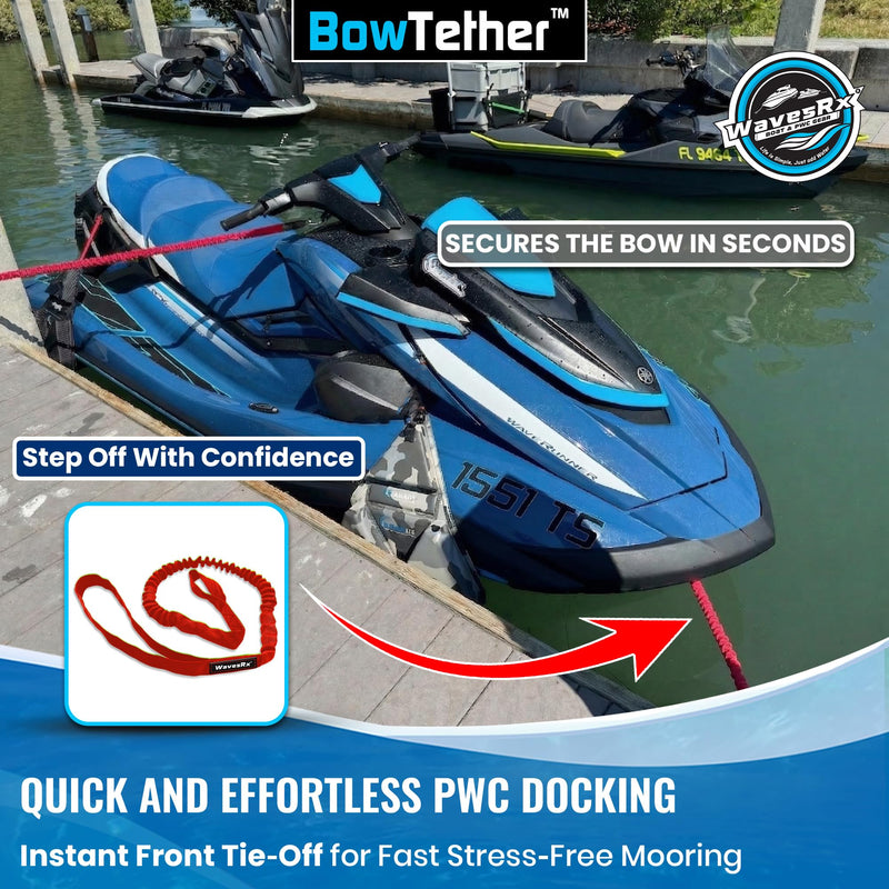 WAVESRX BowTether PWC Anchor and Dock Line - Shock Absorbing Elastic Bungee Rope Stretches 4 to 6 FT - Mooring Tether Pre Attached to Jet Ski Bow Eye for Quick Anchoring and Easy Docking Nautical Red