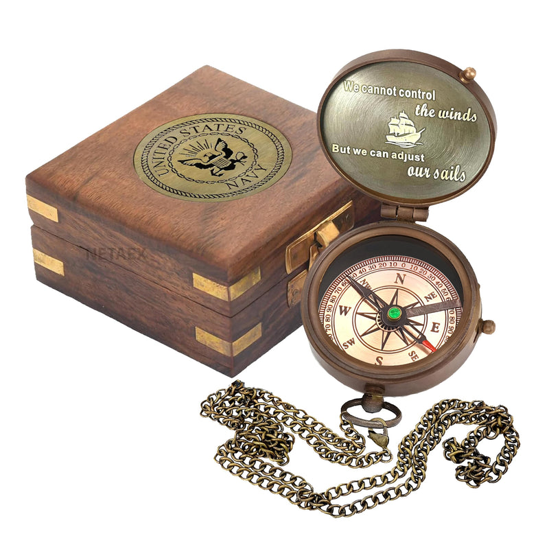 Compass - Gift for Army, Navy, Marine Corps, Baptism, Easter, Birthday, Fathers Day, Graduation, Wedding Navy With Wooden Box