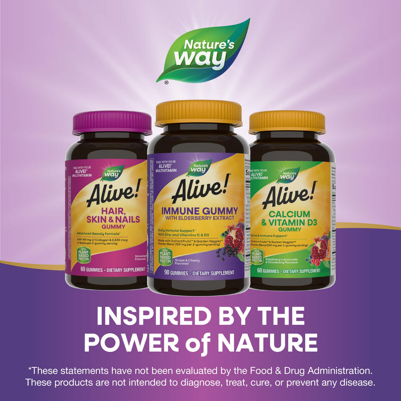 Nature's Way Alive! Immune Support* Gummies with Elderberry Extract, 90 ct | Vitamins C & D3, Zinc, Gluten-Free, Grape & Cherry Flavored, Daily Immune Support*, Vegetarian Gummies