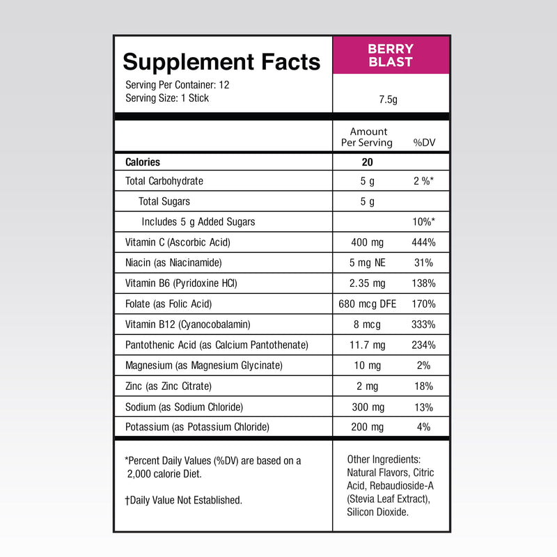 Electrolytes Powder - 3X Electrolytes,1/2 Sugar with Vitamin C, B3, B6, Electrolytes Powder Packets for Hydration, Recovery & Immunity, Vegan & Gluten Free | Berry Blast - 12 Packets 5.25 Pound (Pack of 1)