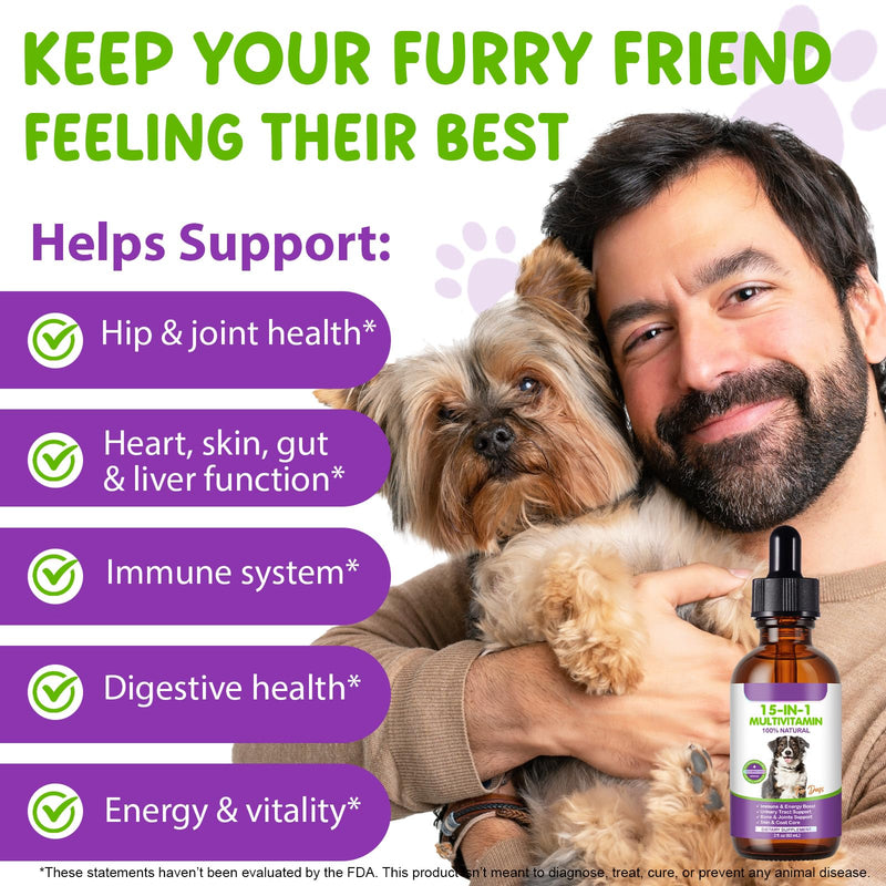 Dog Multivitamin Drops, 15 in 1 Multivitamin Liquid for Dog with Vitamin C, Vitamin D & B1, Dog Health Supplements for Skin Care, Joints & Hips
