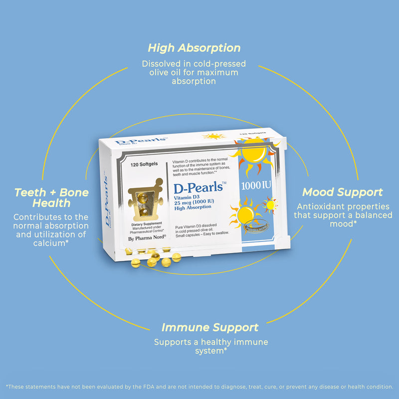 Pharma Nord D-Pearls 1000 iu (25 mcg) High Absorption Vitamin D3 120 Count | Daily Immune, Bone, & Muscle Support, Easy-to-Swallow Tiny Softgels in Organic Olive Oil, Non-GMO, Gluten-Free