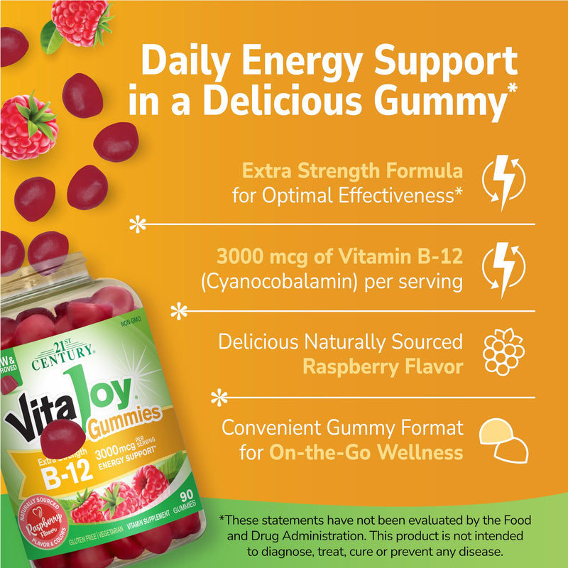21st Century Extra Strength Vitamin B12 Gummies 3000mcg, Raspberry, 90ct | Extra-Strength Vitamin B12 3000 mcg Gummies, Energy & Nerve Support, Vegan & Gluten Free, A Delicious High-Potency B12 Gummy