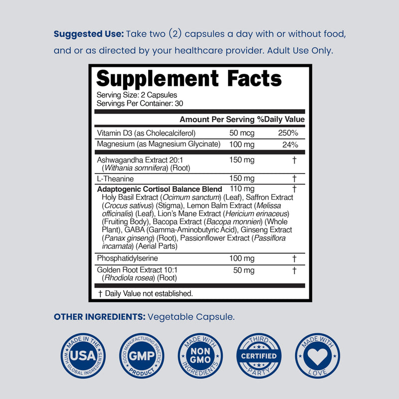 Cortisol Supplements for Women & Men with 14 in1 Blend (Magnesium, Ashwagandha, L Theanine & More) Healthy Cortisol Balance & Calm Mood Support - Third Party Tested, Non GMO, USA Made - 60 Count